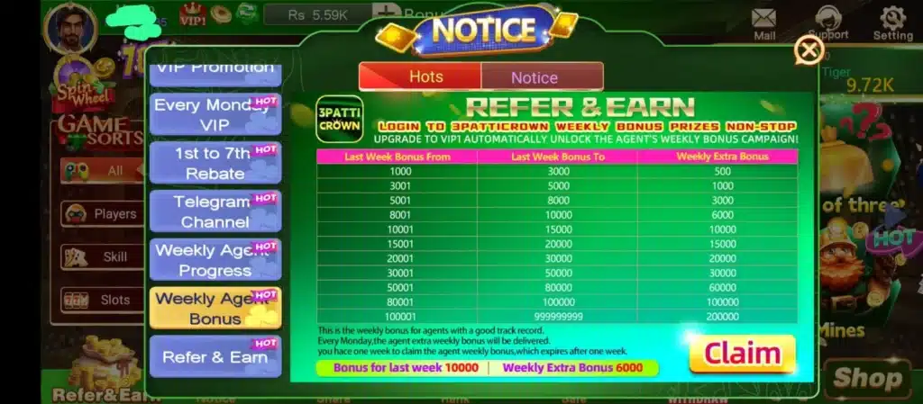 3PattiCrown Weekly Agent Bonus