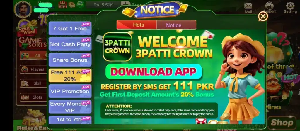 Register and get 3 Patti Crown 111 Bonus